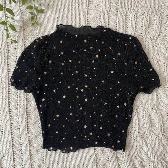 SHEIN BAE Lettuce Trim Galaxy Sheer Mesh Crop Top Without Bra - Picture 3 of 6